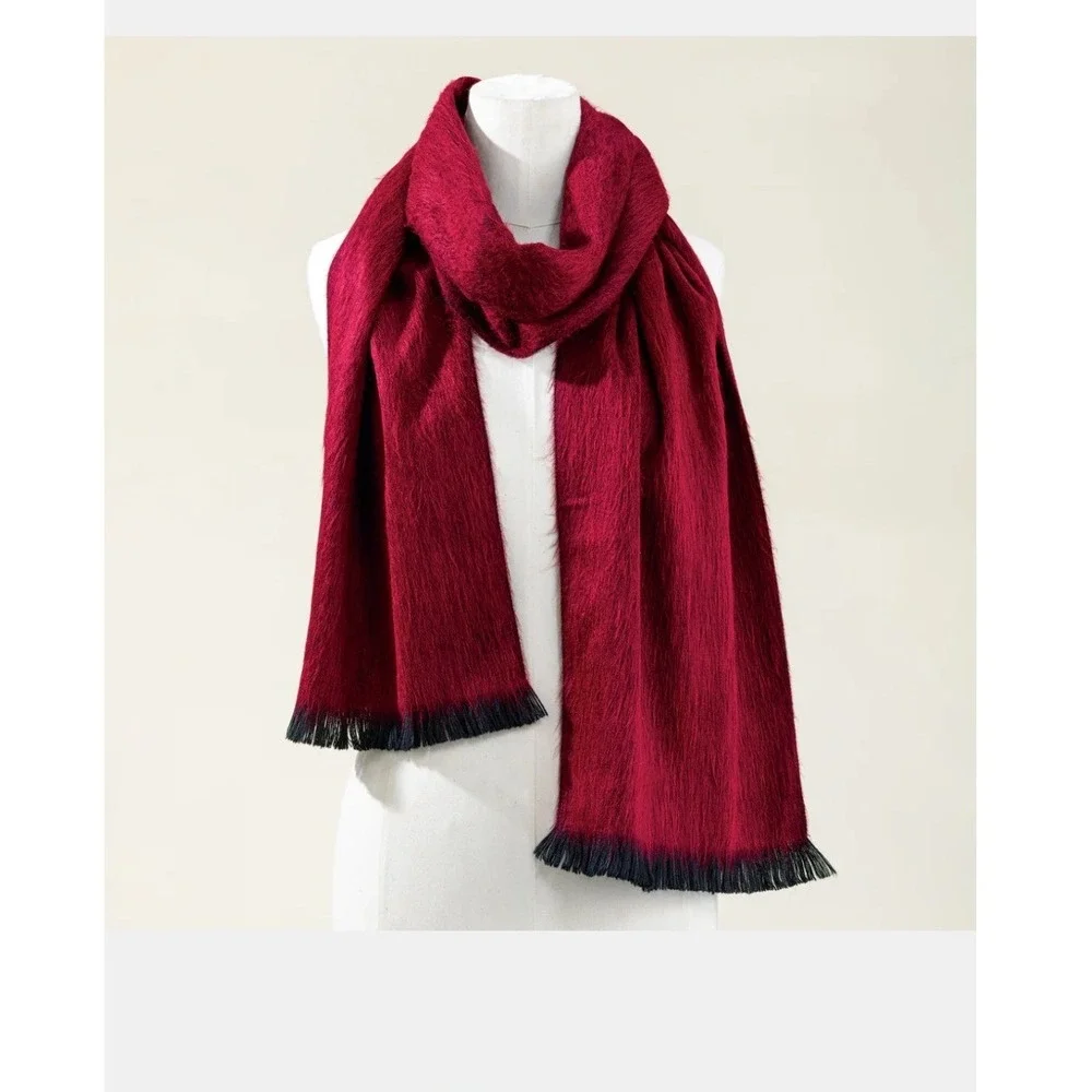 Red Black Alpaca Blend Ombre Fringe Scarf Effortless Boho-Chic Parisian Inspired
